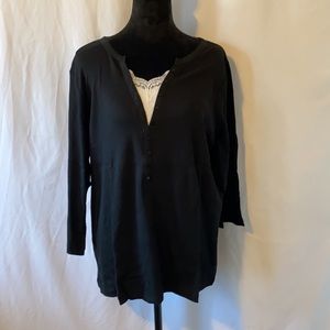 Denim & Co. Jersey Rib Henley with Lace Inset, Black, 2X